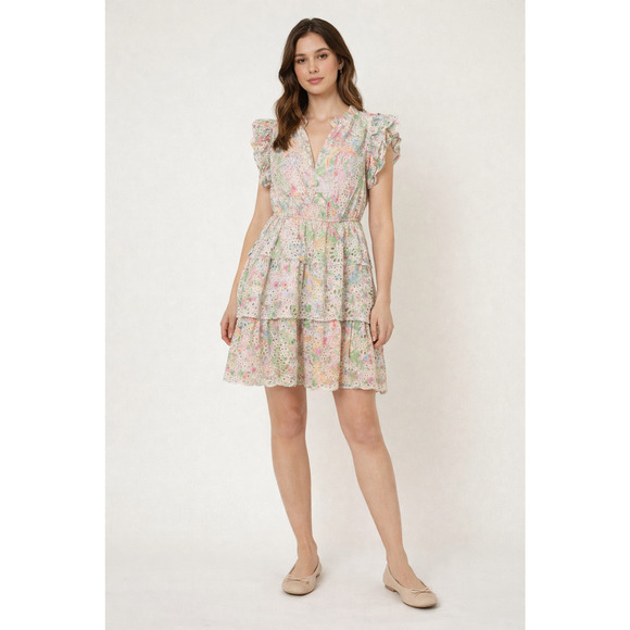 Fate Dresses & Skirts - FATE Tiered Floral Dress Pink Sleeveless Eyelet Lined Womens Small V-Neck